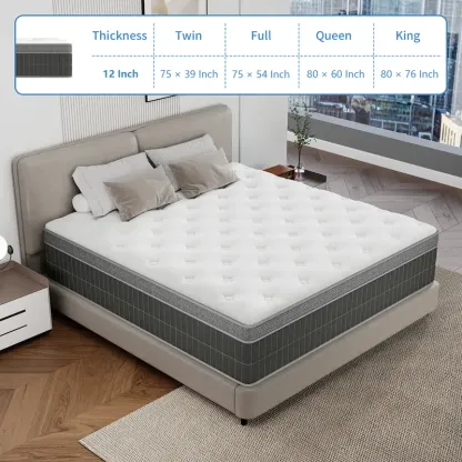 Colchón Híbrido de 12" o 14" para Twin, Full, Queen y King, Espuma Viscoelástica con Resortes Ensacados, Firmeza Media, Soporte por Zonas, Suave y Cómodo, Alivio de Presión, Certificado CertiPUR-US, Empacado al Vacío en Caja