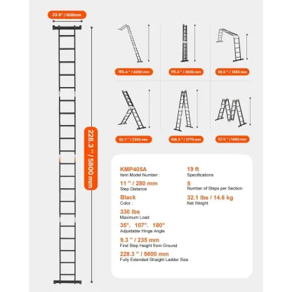 Escalera plegable multiusos, escalera extensible alta 7 en 1, escalera telescópica de 5 peldaños con estructura en A, escalera ajustable de alta resistencia con alcance de 5,8 m (19 pies), capacidad de 150 kg (330 lbs) para uso doméstico y exterior.