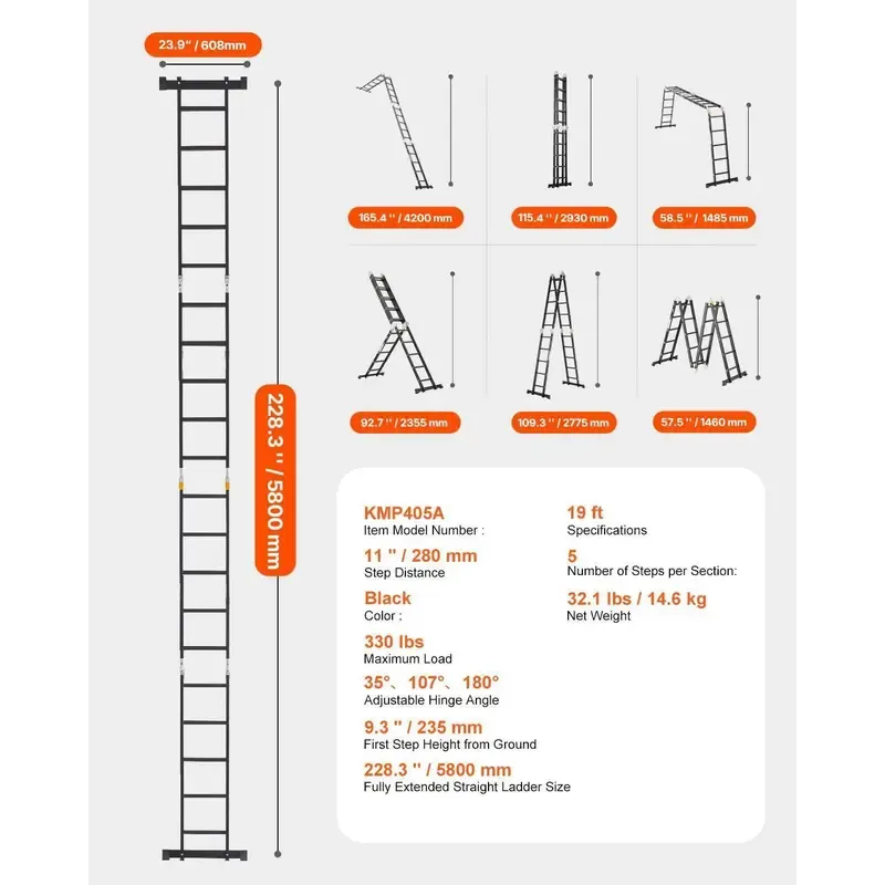 Escalera plegable multiusos, escalera extensible alta 7 en 1, escalera telescópica de 5 peldaños con estructura en A, escalera ajustable de alta resistencia con alcance de 5,8 m (19 pies), capacidad de 150 kg (330 lbs) para uso doméstico y exterior.