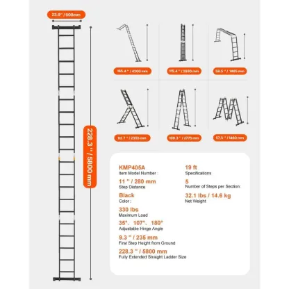 Escalera plegable multiusos, escalera extensible alta 7 en 1, escalera telescópica de 5 peldaños con estructura en A, escalera ajustable de alta resistencia con alcance de 5,8 m (19 pies), capacidad de 150 kg (330 lbs) para uso doméstico y exterior.