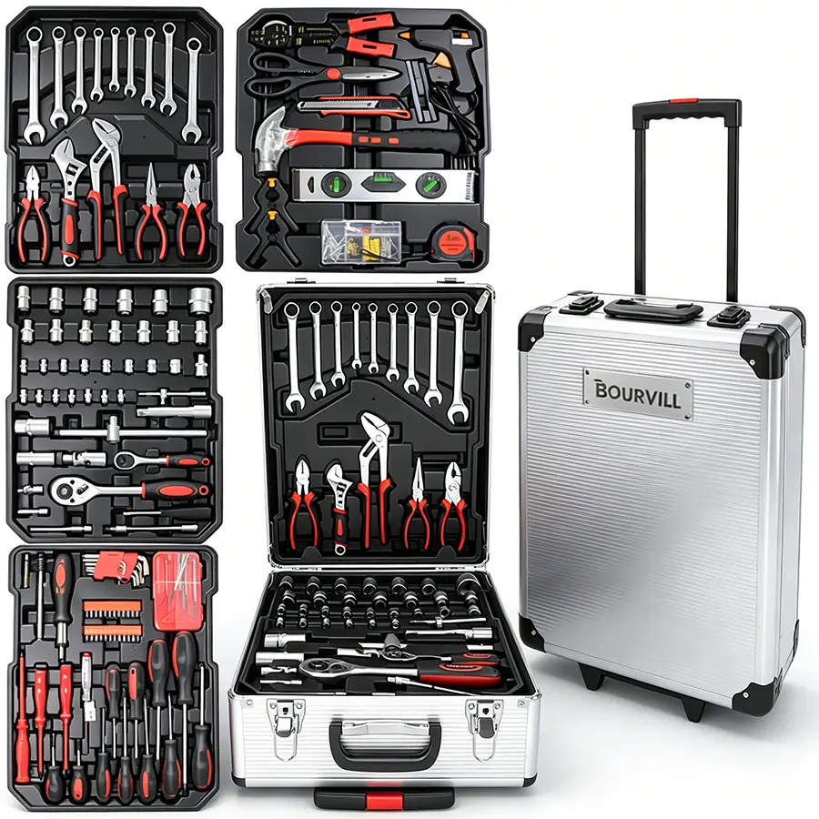 Juego de herramientas de 899 piezas, carro de herramientas de aluminio con 4 cajones, kit completo para mecánica y reparaciones del hogar, caja de herramientas con herramientas manuales.