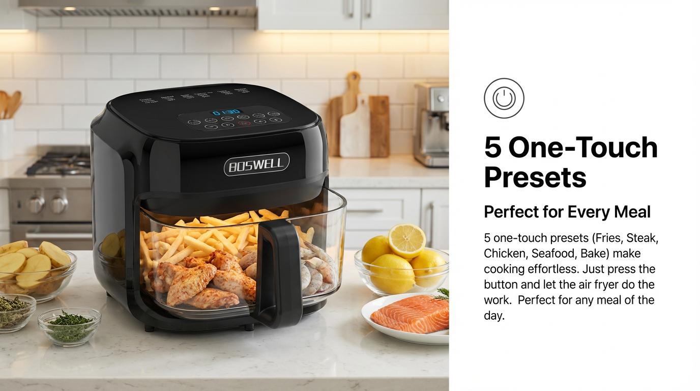 BOSWELL 7.5QT Glass Air Fryer with Transparent Bowl &ndash; 5-in-1 Rapid Heating, Fits a Whole Chicken, Oil-Free & Healthy Crispy Results, Dishwasher-Safe, A Perfect  Gift for Family or Couples
