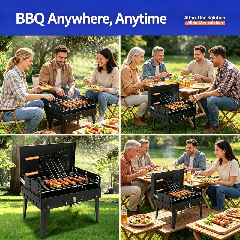 Parrilla de carbón portátil plegable con asas de madera, ideal para camping, patio y cocina al aire libre.