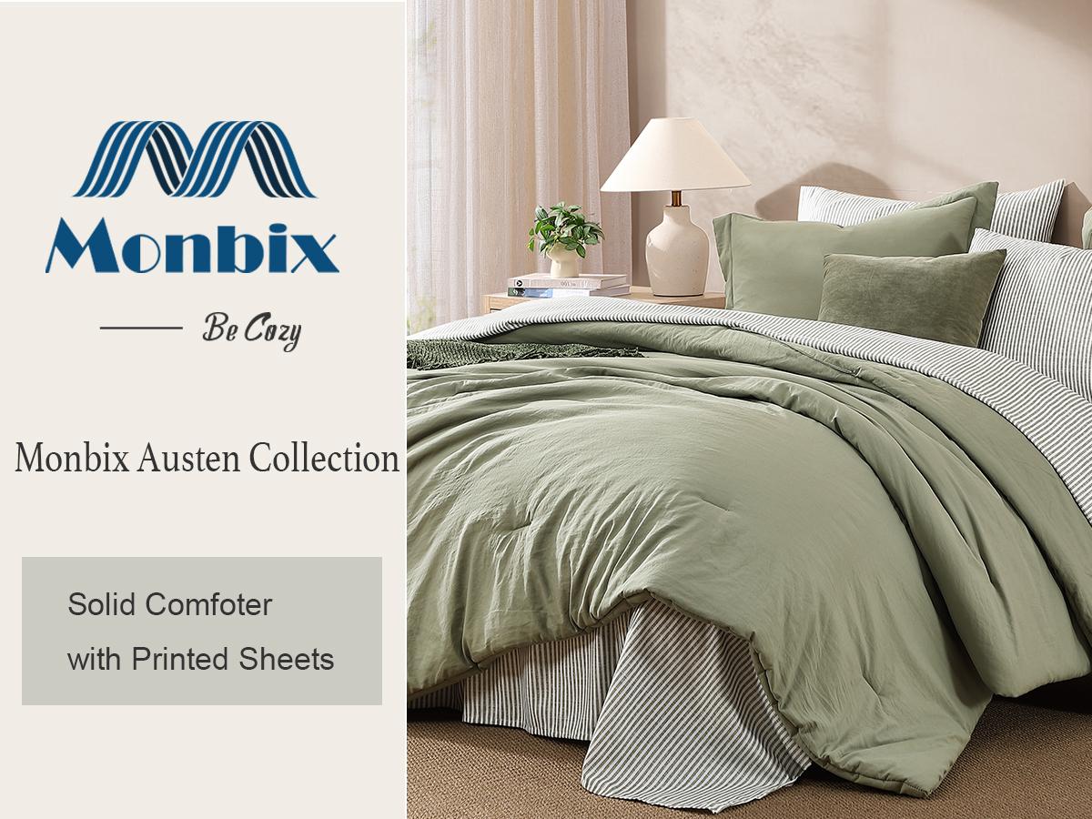 【Deals For You Days】Monbix 7-Pieces Microfiber Comforter Set, Modern Farmhouse Coastal Style Bedding Set with Double Sided Storage Pockets, 1 Comforter, 2 Pillowcases, 2 Shams, 1 Flat & 1 Fitted Sheet,SummerWins,DFYD,deals for you,mid year sale,restock