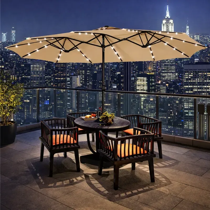 【Regalo para el Día de la Madre】 Sombrilla de Patio Grande de 15 pies — Sombrilla Rectangular de Doble Cara para Exteriores con 36 Luces LED y Manivela — Ideal para Patio, Jardín, Piscina y Césped — Base Incluida
