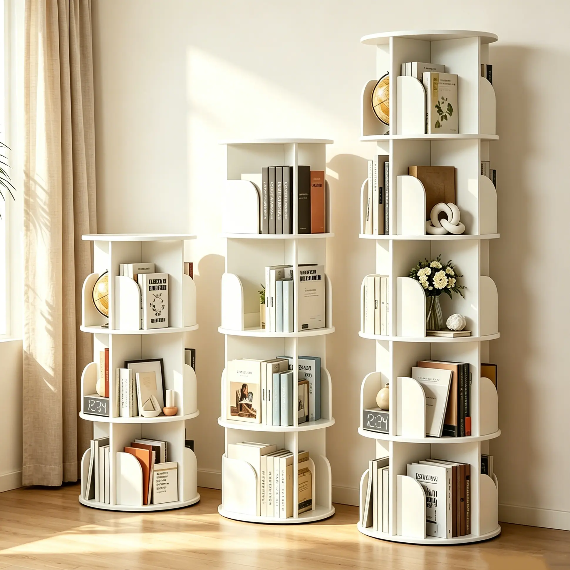 Estantería esquinera giratoria de 360° con 3/4/5 niveles, ideal para organizar y ahorrar espacio en dormitorio o sala.