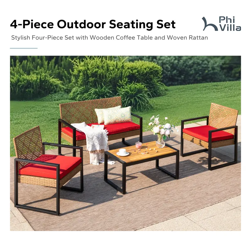 Juego de muebles de mimbre para patio y exteriores, con sofá de dos plazas y sillas de ratán acolchados, y mesa de centro de madera de acacia. Asientos elegantes y resistentes a la intemperie, ideales para jardín, patio trasero y zona de piscina — SpringG