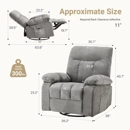 Sillón reclinable mecedor y giratorio con masaje vibratorio y calefacción lumbar; sillón de tela de chenilla con rotación de 270° y reposapiés, ideal para sala de estar y dormitorio.