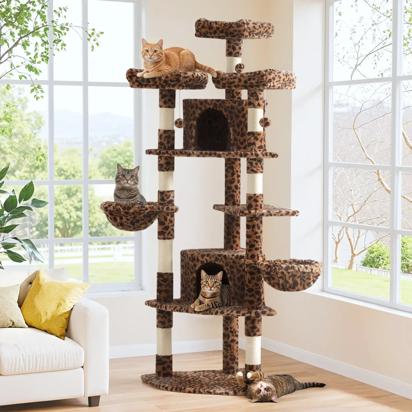 Árbol para Gatos de 73 Pulgadas, Torre Multinivel en Esquina con Casitas, Plataformas, Cestas y Rascadores de Sisal, Ahorra Espacio y es Ideal para Interiores