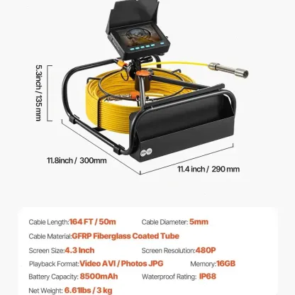 Cámara de inspección de tuberías con cable de 65,6 pies, pantalla de 4,3", resistente al agua IP68, luz LED, grabación DVR y tarjeta SD, ideal para reparación de fontanería.