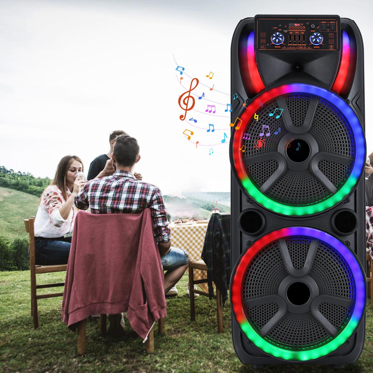 Dual 15 inch Karaoke Speaker System W/ 2 Microphone Portable Party Box Speaker Wireless Bluetooth Stereo Rechargeable Remote Control LED Lighting