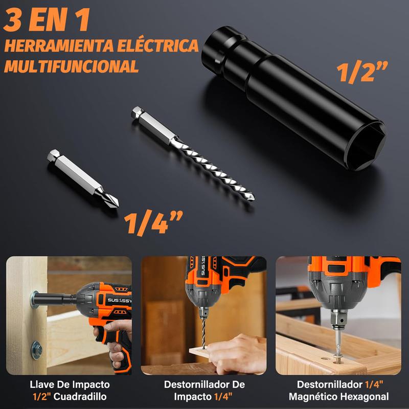 3 EN 1 Pistola Llave De Impacto Inalámbrico 21V 650W con 2 Baterías 7500mAh 520 Nm Torque 1/2 Mandril Luz LED Incorporada y Adaptador de Corriente Incluido