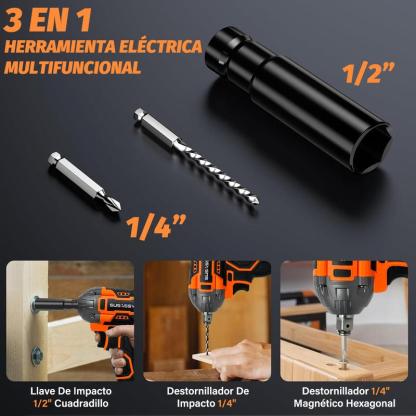 3 EN 1 Pistola Llave De Impacto Inalámbrico 21V 650W con 2 Baterías 7500mAh 520 Nm Torque 1/2 Mandril Luz LED Incorporada y Adaptador de Corriente Incluido