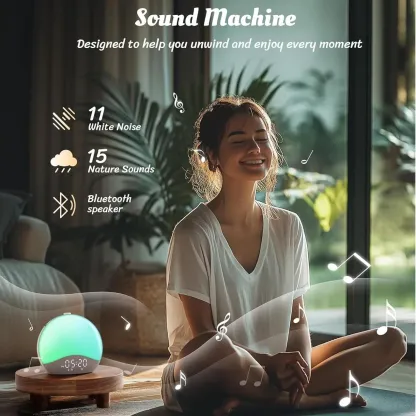 Reloj despertador con simulación de amanecer, máquina de ruido blanco y sonidos para el dormitorio, luz de despertar con altavoz Bluetooth, 26 sonidos para dormir, 17 luces nocturnas, reloj digital con intensidad regulable para adultos y niños.