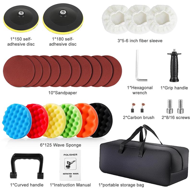 【SummerVibes】Pulidora-Enceradora Rotativa de 1600 W y 7 Pulgadas — 7 Velocidades Variables (500-3300 RPM) — Mango Desmontable — Kit de Herramientas en Maletín para Lijado, Pulido y Encerado de Automóviles y Embarcaciones