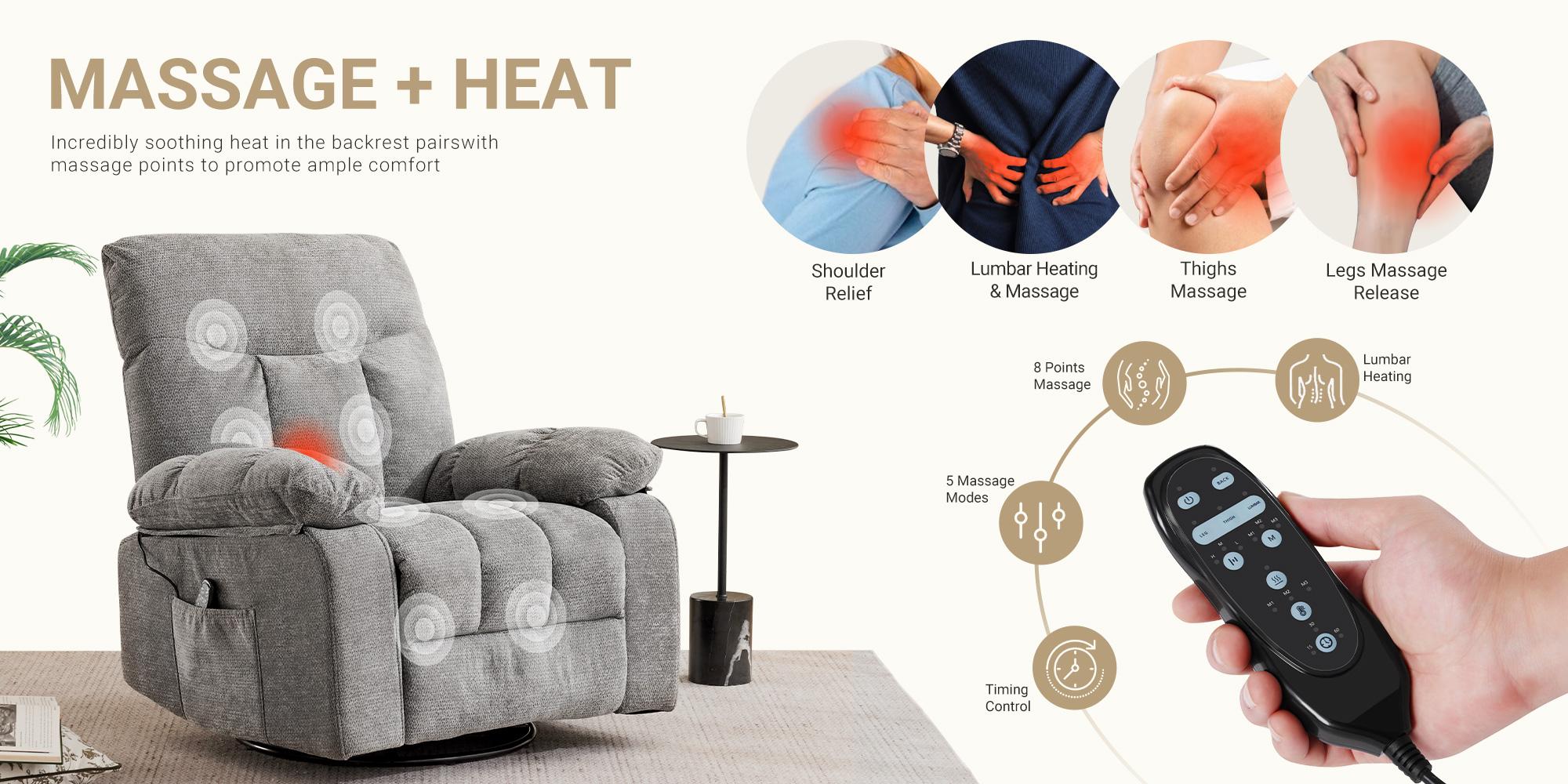 DUMOS Rocker Recliner Chair, Swivel Recliner with Vibration Massage & Lumbar Heating, 270° Rotating Chenille Fabric Recliner with footrest for Living Room & Bedroom DUMOS Rocker Recliner Chair, Swivel Recliner with Vibration Massage & Lumbar Heating, 270° Rotating Chenille Fabric Recliner with footrest for Living Room & Bedroom