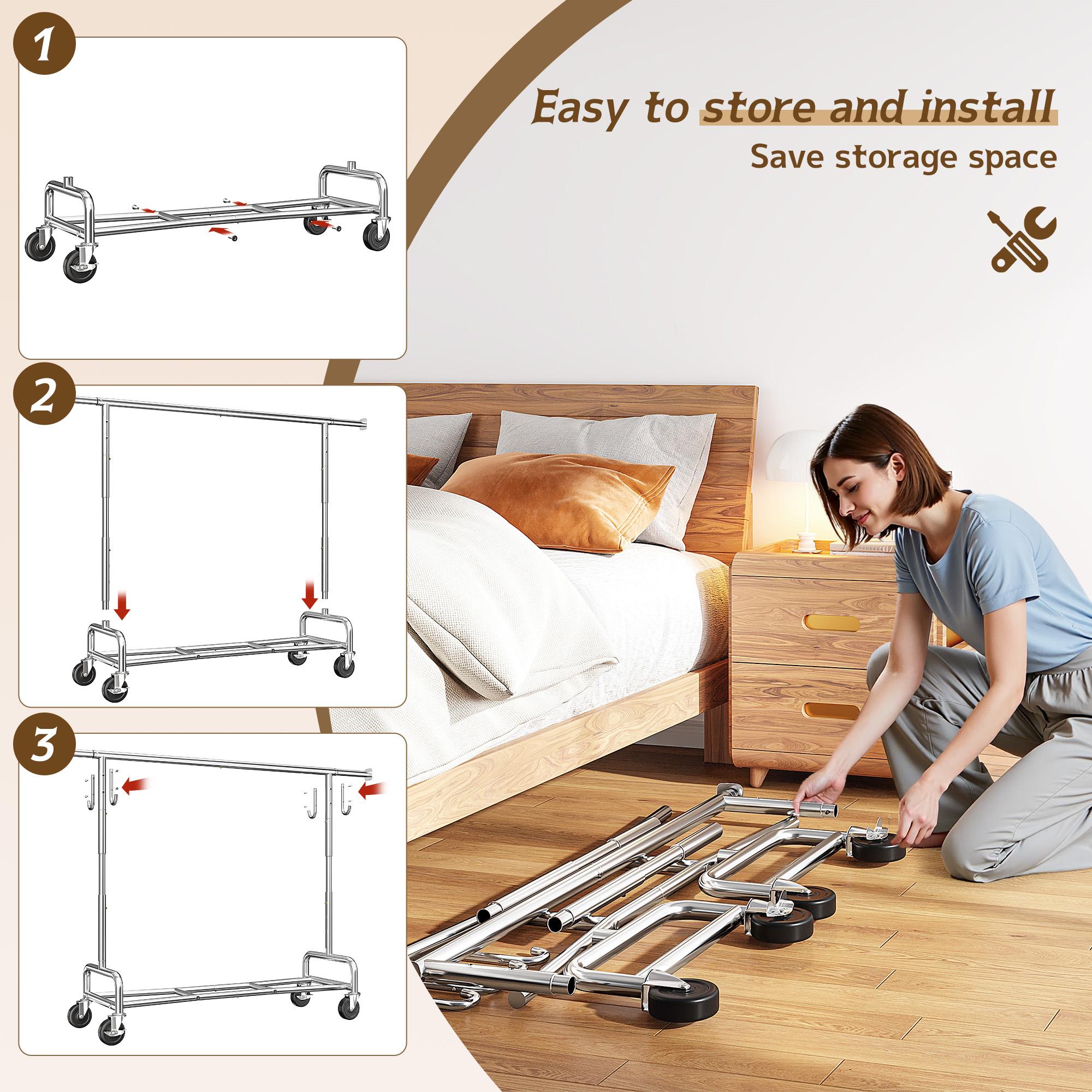 【Summervibes】Raybee Heavy Duty Clothes Rack 75" Extra Wide, 450 LBS Clothing Rack with 4 Hooks, Lockable Wheels, Metal Garment Rack for Bedroom, Laundry Room, Commercial
