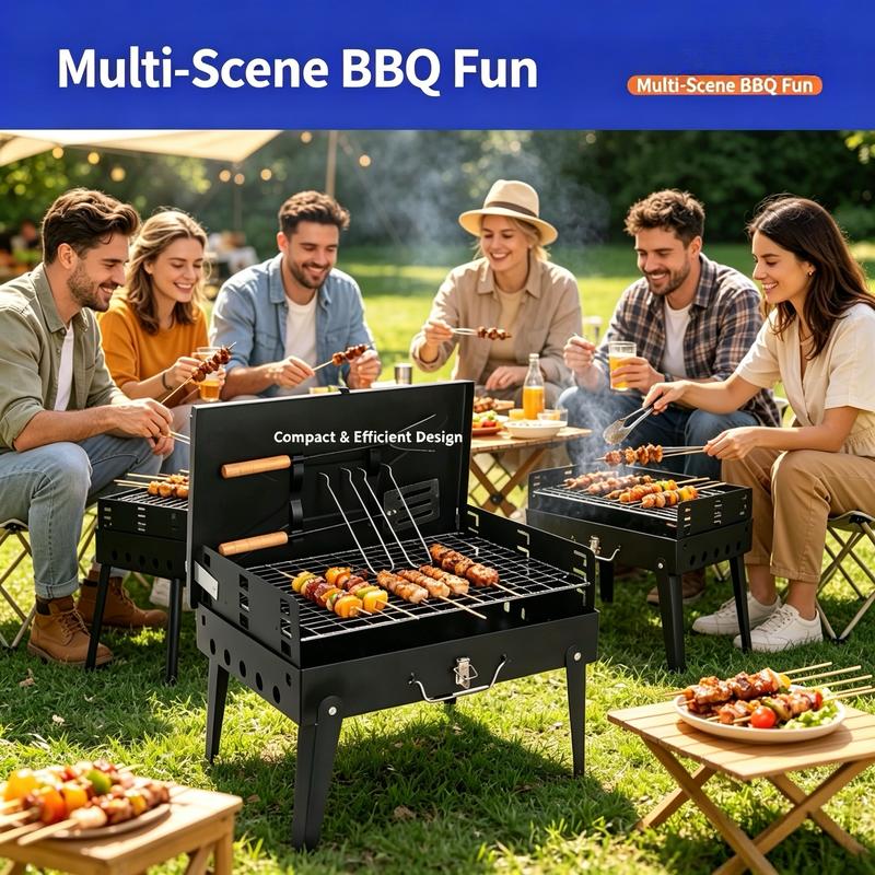 Parrilla de carbón portátil plegable con asas de madera, ideal para camping, patio y cocina al aire libre.