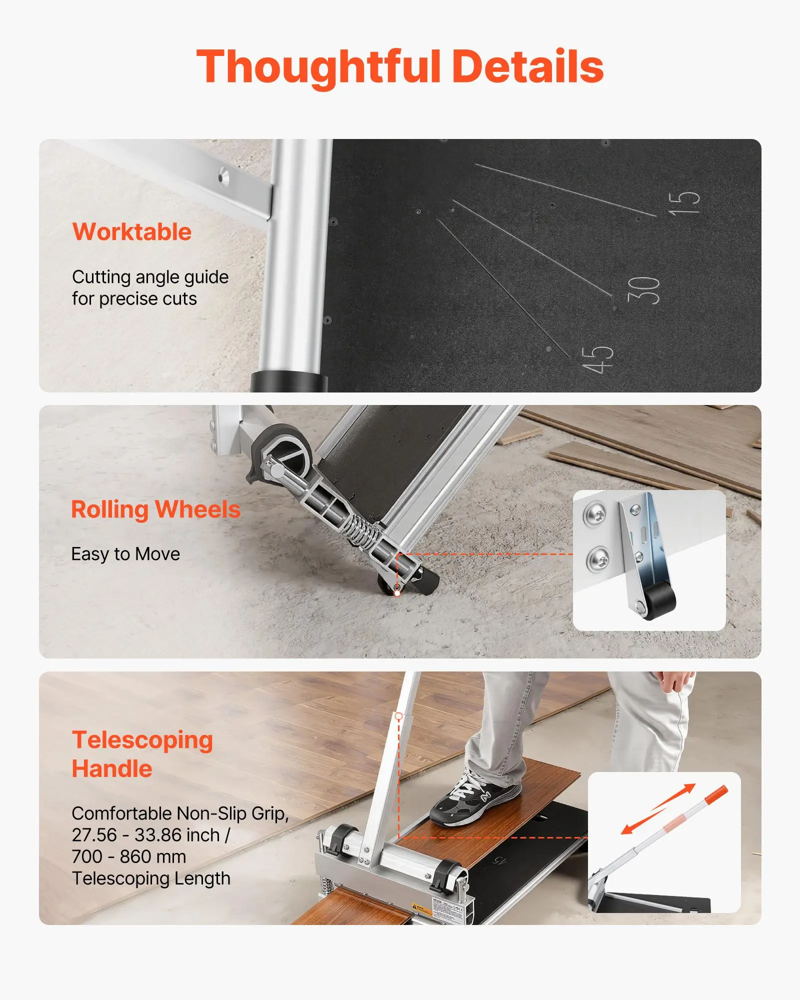Cortador de pisos de vinilo de 13 pulgadas, cortador de pisos laminados de 12 mm de grosor con ajustes de ángulo de 15°/30°/45°, ruedas flexibles, mango telescópico, ciertos tipos de madera de ingeniería, LVT, VCT, SPC, LVP, WPC.