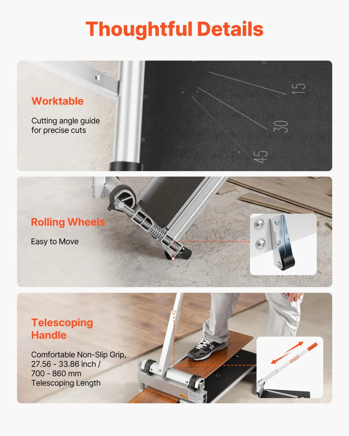Cortador de pisos de vinilo de 13 pulgadas, cortador de pisos laminados de 12 mm de grosor con ajustes de ángulo de 15°/30°/45°, ruedas flexibles, mango telescópico, ciertos tipos de madera de ingeniería, LVT, VCT, SPC, LVP, WPC.