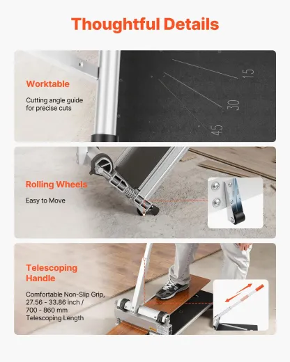 Cortador de pisos de vinilo de 13 pulgadas, cortador de pisos laminados de 12 mm de grosor con ajustes de ángulo de 15°/30°/45°, ruedas flexibles, mango telescópico, ciertos tipos de madera de ingeniería, LVT, VCT, SPC, LVP, WPC.