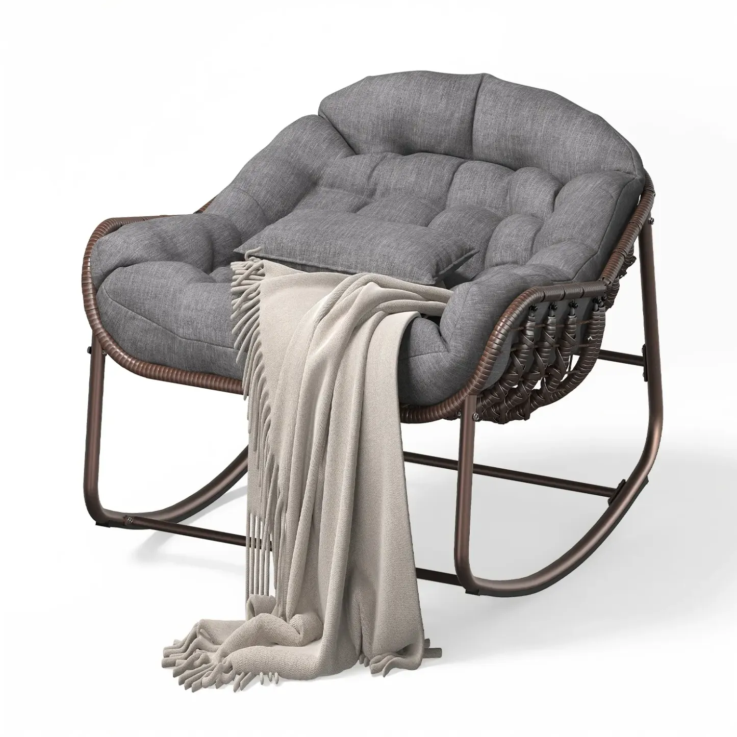 Silla Mecedora Tipo Huevo Papasan XL para Exterior, de Ratán Sintético, con Cojín Grueso Impermeable, Estructura Metálica Reforzada, Ideal para Balcón, Patio, Porche y Sala, Soporta hasta 450 lb