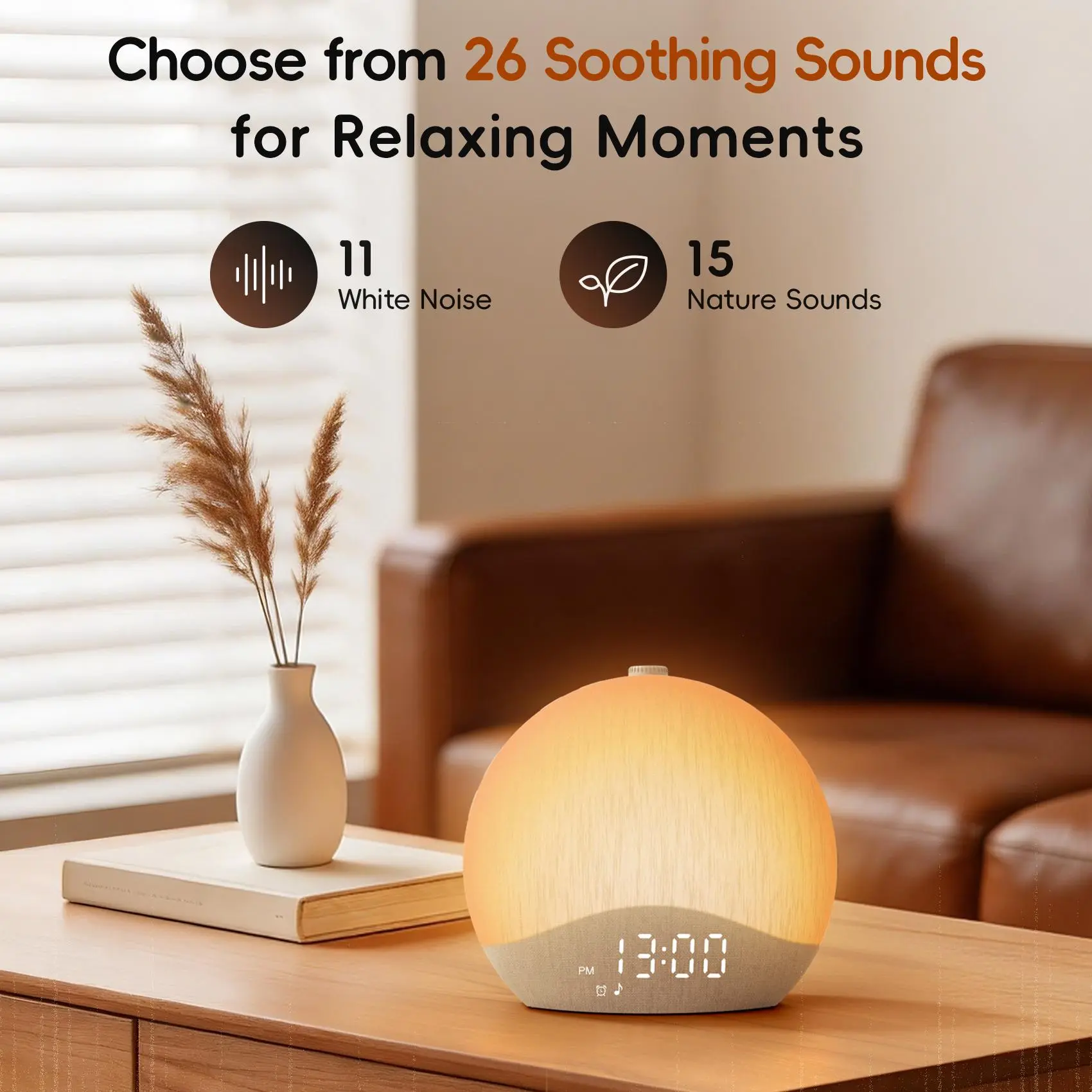 Reloj despertador con simulación de amanecer, máquina de ruido blanco y sonidos para el dormitorio, luz de despertar con altavoz Bluetooth, 26 sonidos para dormir, 17 luces nocturnas, reloj digital con intensidad regulable para adultos y niños.