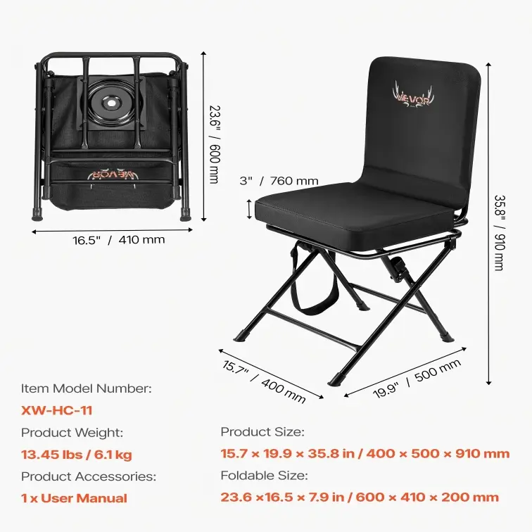 Silla de caza, giratoria silenciosa de 360°, plegable y portátil, con estructura de acero resistente, reposabrazos, patas antideslizantes, altura ajustable, capacidad de 159 kg (350 lbs) para pesca y acampada.
