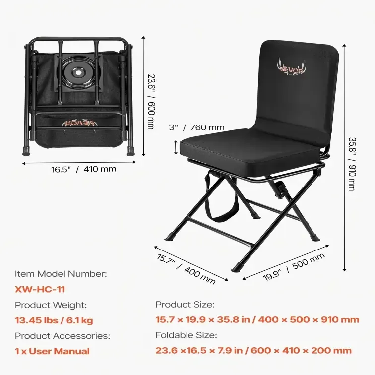 Silla de caza, giratoria silenciosa de 360°, plegable y portátil, con estructura de acero resistente, reposabrazos, patas antideslizantes, altura ajustable, capacidad de 159 kg (350 lbs) para pesca y acampada.