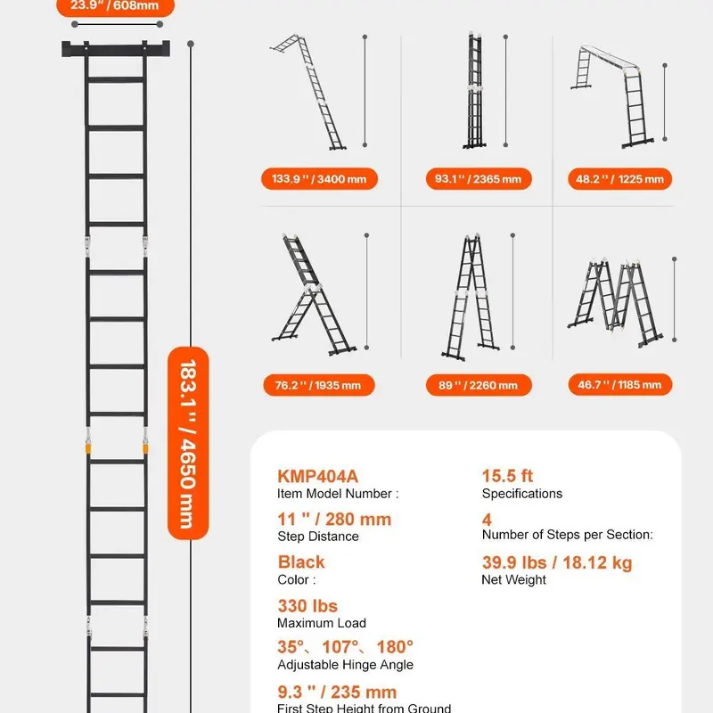 Escalera plegable multiusos, escalera extensible alta 7 en 1, escalera telescópica de 5 peldaños con estructura en A, escalera ajustable de alta resistencia con alcance de 5,8 m (19 pies), capacidad de 150 kg (330 lbs) para uso doméstico y exterior.