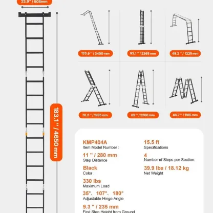 Escalera plegable multiusos, escalera extensible alta 7 en 1, escalera telescópica de 5 peldaños con estructura en A, escalera ajustable de alta resistencia con alcance de 5,8 m (19 pies), capacidad de 150 kg (330 lbs) para uso doméstico y exterior.