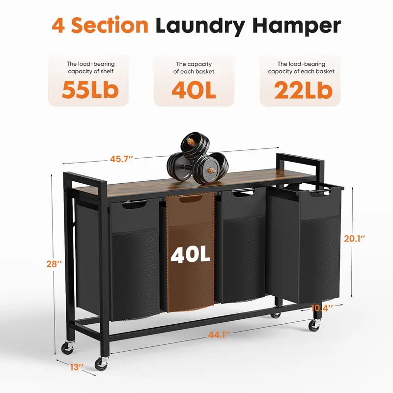 Cesto de ropa rodante con bolsa extraíble, organizador de ropa independiente con ruedas para dormitorio y baño.