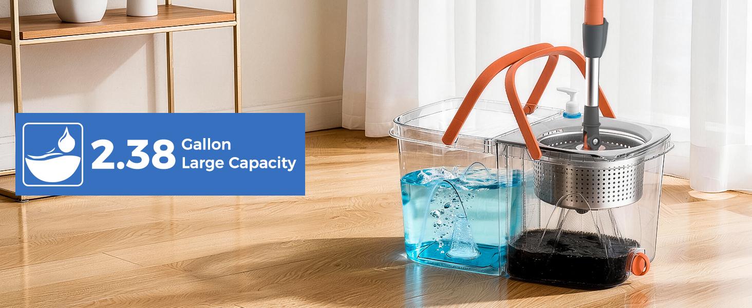 YASHE Spin Mop and Bucket with Wringing System - Foldable & Space-Saving Design, Durable Stainless Steel Wringing Basket, Built-in Detergent Bottle, 2 Reusable Microfiber Mop Heads