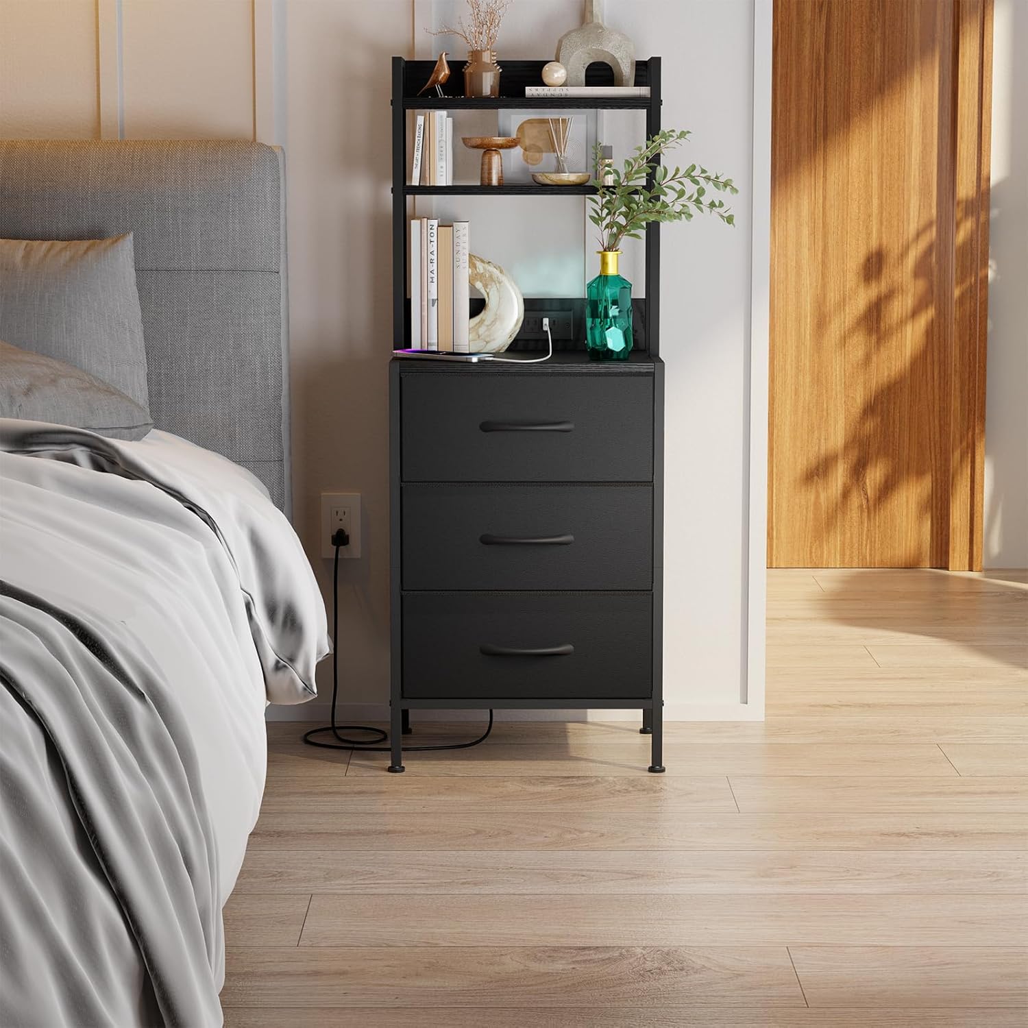 41 Inch Tall Nightstand with Charging Station, Led Night Stand with U-S-B Port & Socket, 3 PU Finished Fabric Storage Drawers, Office, Bedside Table & Bookshelf in One, Black