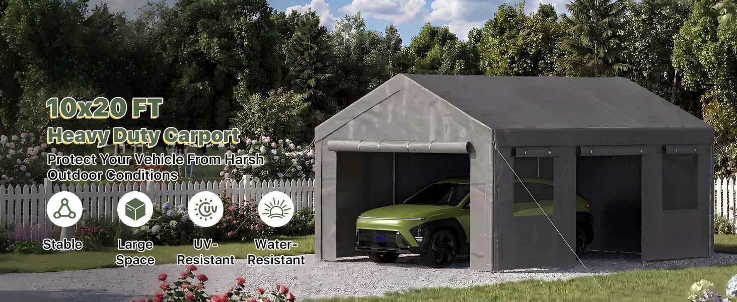 Jolydale Heavy Duty Carport 10x20/12x20/20x20 FT Portable Garage Canopy with Roll-Up Windows, Removable Sidewalls & Doors, Waterproof Car Shelter for Car Truck SUV Boat, Grey,home decor,camping essentials