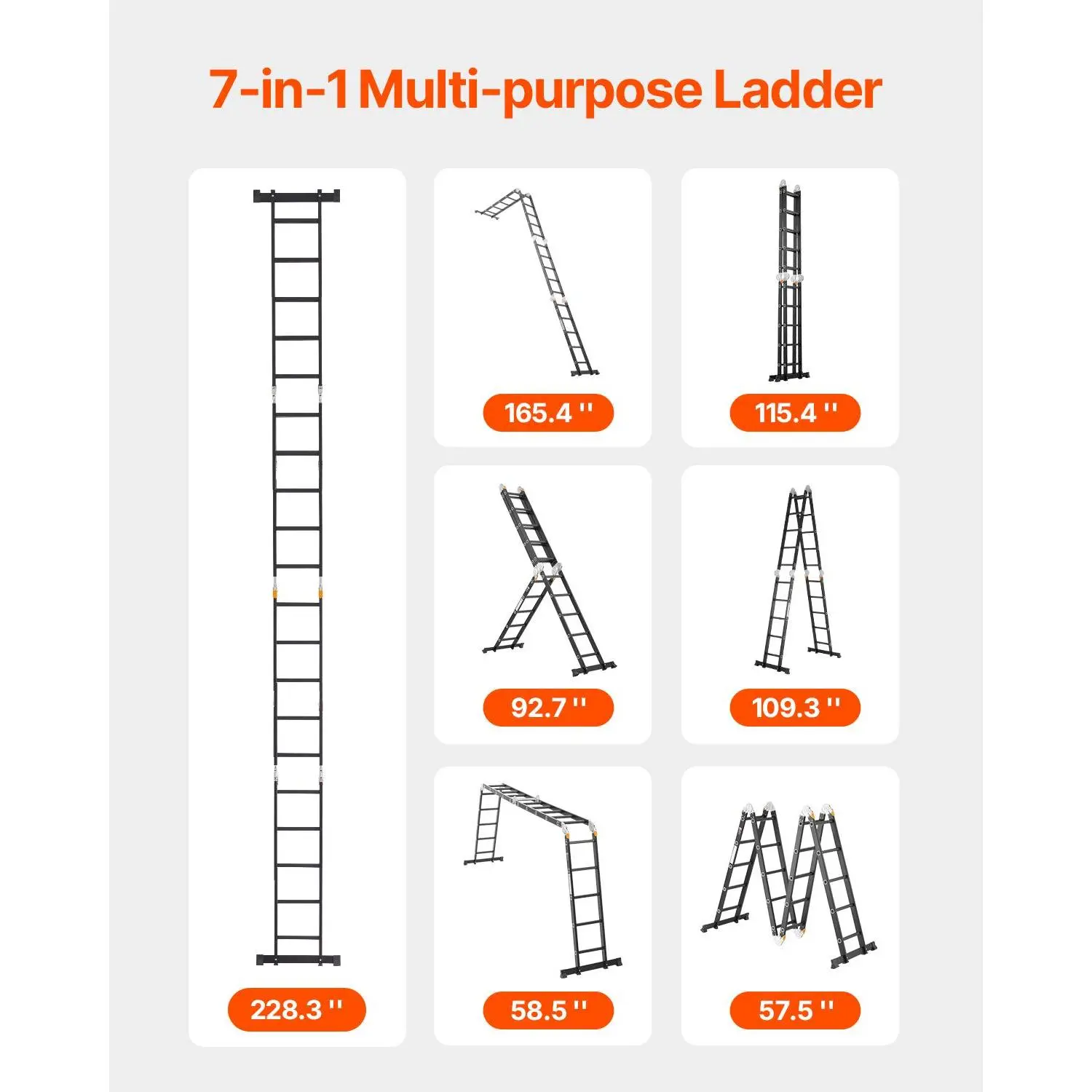 Escalera plegable multiusos, escalera extensible alta 7 en 1, escalera telescópica de 5 peldaños con estructura en A, escalera ajustable de alta resistencia con alcance de 5,8 m (19 pies), capacidad de 150 kg (330 lbs) para uso doméstico y exterior.