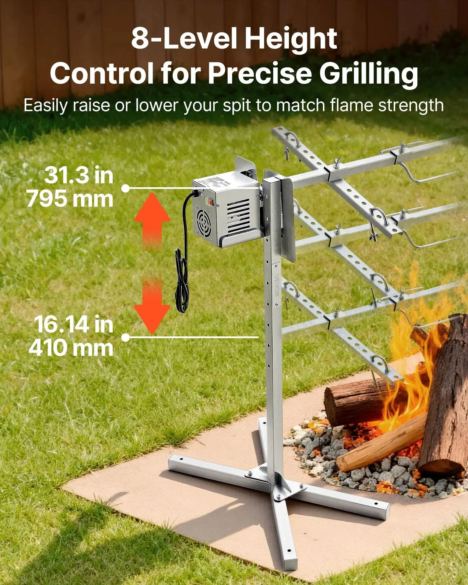 Parrilla giratoria, kit de parrilla giratoria AC120V de 8 niveles de altura, kit de parrilla giratoria para barbacoa con capacidad de carga de 132 lbs, motor de 38W, kits de parrilla automáticos de acero inoxidable para fiestas.