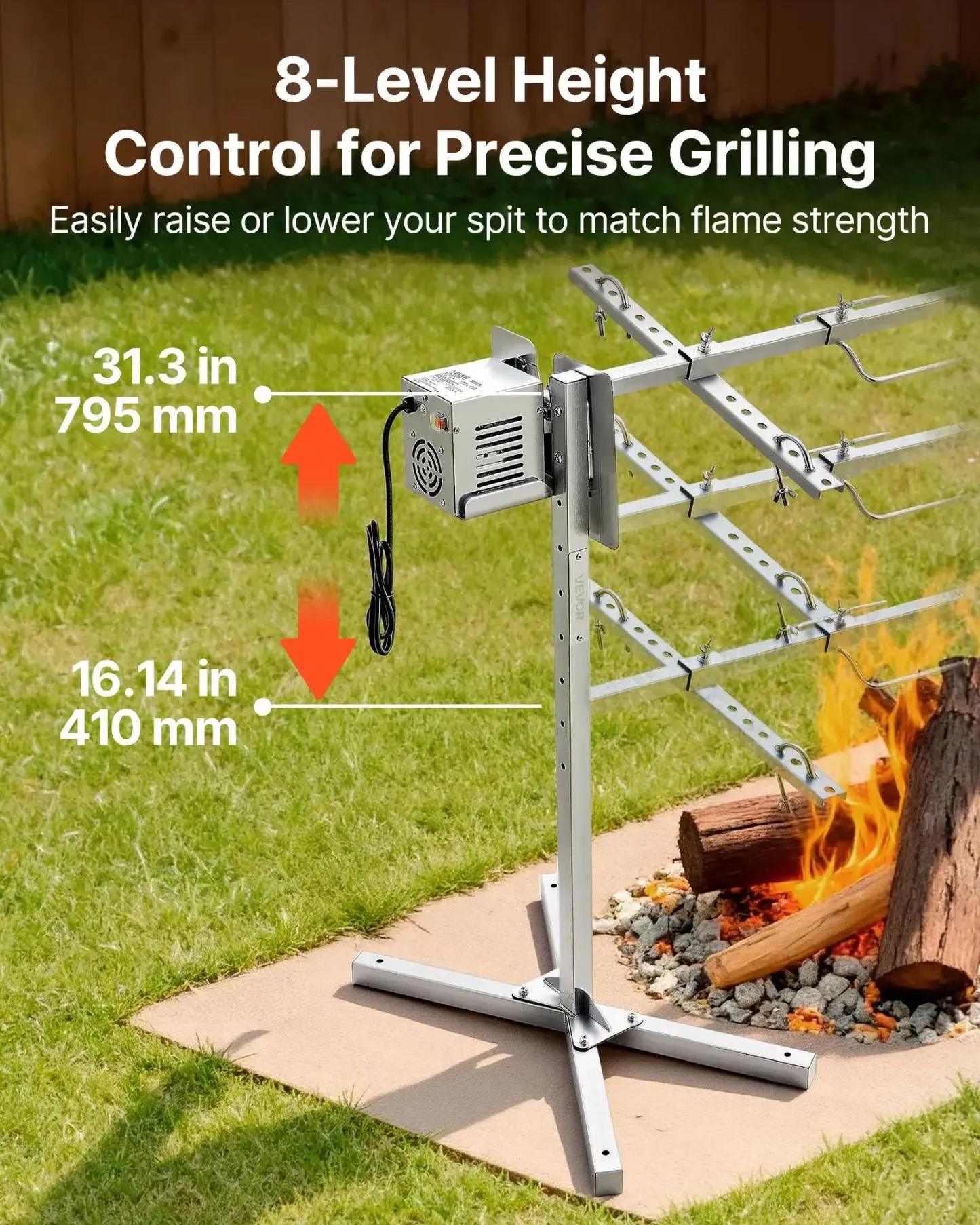 Parrilla giratoria, kit de parrilla giratoria AC120V de 8 niveles de altura, kit de parrilla giratoria para barbacoa con capacidad de carga de 132 lbs, motor de 38W, kits de parrilla automáticos de acero inoxidable para fiestas.