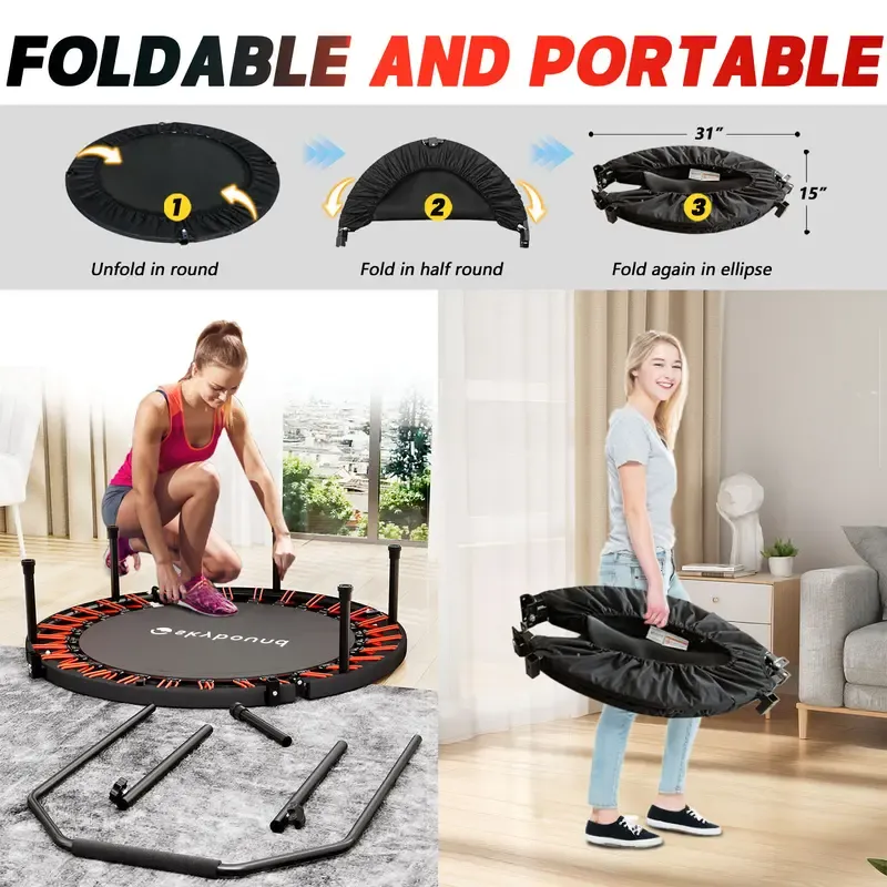 Mini trampolín plegable (soporta hasta 600 lb), Rebounder de fitness de 40 pulgadas con resortes y cuerdas elásticas, con barra de agarre en forma de U ajustable; equipo de ejercicio estable y silencioso para uso en interiores y exteriores, ideal para gim