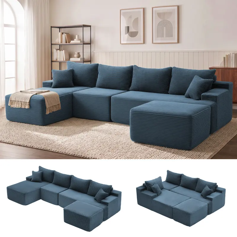 Sofá cama seccional en forma de U de 118 pulgadas con 2 cojines, sofá modular extragrande de 6 plazas, cómodo sofá de pana estilo "nube" con asientos profundos, sofá mullido y acogedor para sala de estar, no requiere montaje.