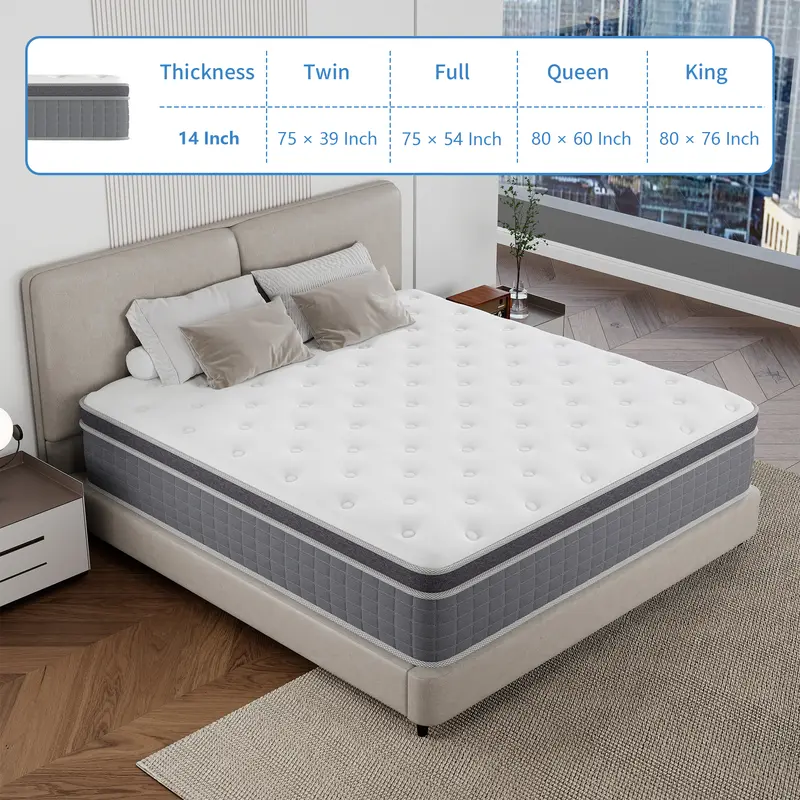 Colchón Híbrido de 12" o 14" para Twin, Full, Queen y King, Espuma Viscoelástica con Resortes Ensacados, Firmeza Media, Soporte por Zonas, Suave y Cómodo, Alivio de Presión, Certificado CertiPUR-US, Empacado al Vacío en Caja