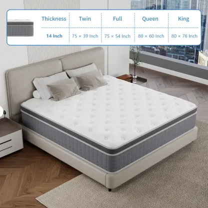 Colchón Híbrido de 12" o 14" para Twin, Full, Queen y King, Espuma Viscoelástica con Resortes Ensacados, Firmeza Media, Soporte por Zonas, Suave y Cómodo, Alivio de Presión, Certificado CertiPUR-US, Empacado al Vacío en Caja