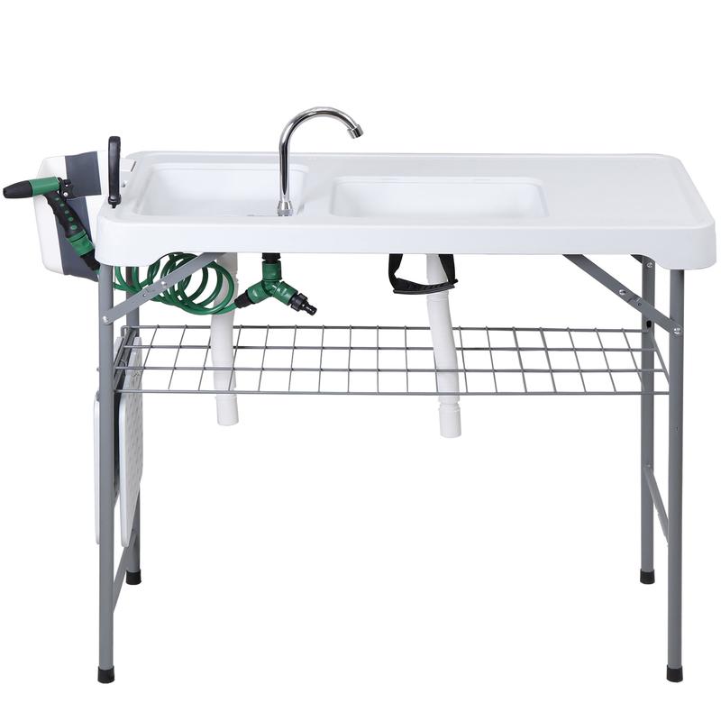 Estación de preparación multiusos para exteriores «Todo en 1» — Mesa ligera, portátil y plegable (PE y acero) con patas abatibles, doble fregadero, grifo y rejilla de soporte. Capacidad de carga de 660 lb. Ideal para la limpieza de pescado, barbacoas y ca