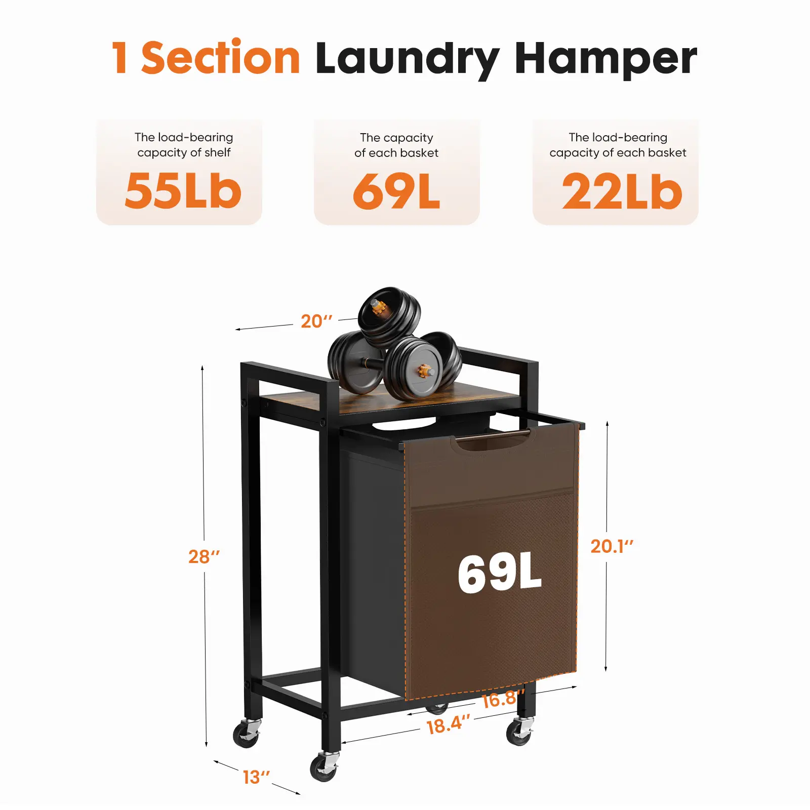 Cesto de ropa rodante con bolsa extraíble, organizador de ropa independiente con ruedas para dormitorio y baño.
