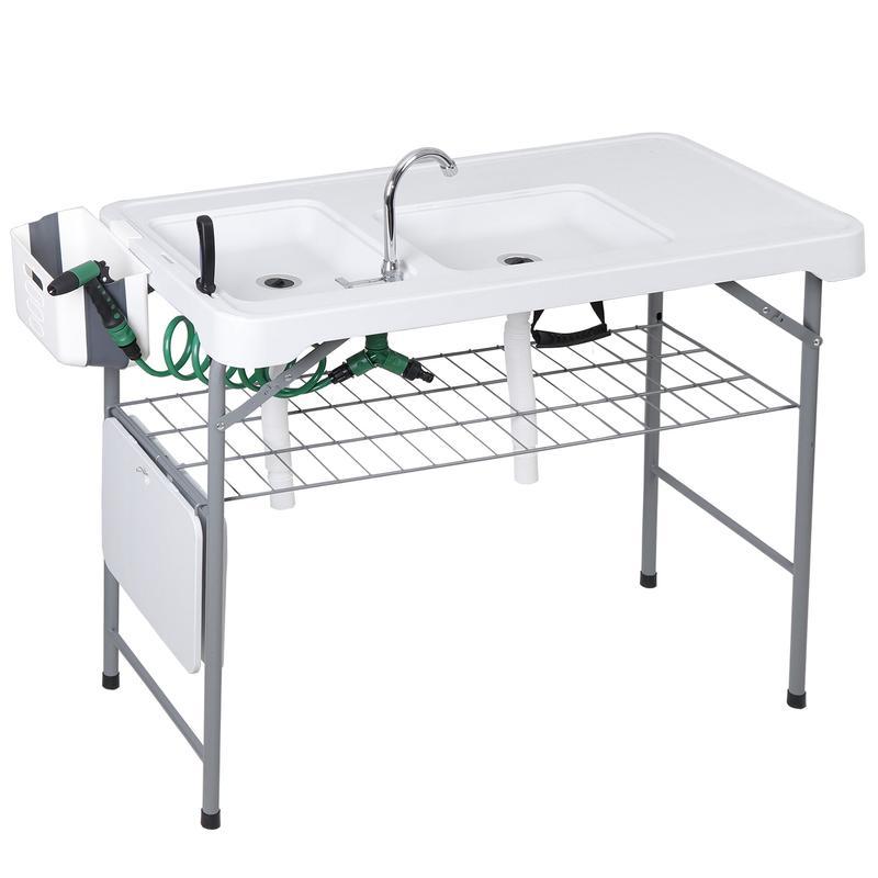 Estación de preparación multiusos para exteriores «Todo en 1» — Mesa ligera, portátil y plegable (PE y acero) con patas abatibles, doble fregadero, grifo y rejilla de soporte. Capacidad de carga de 660 lb. Ideal para la limpieza de pescado, barbacoas y ca