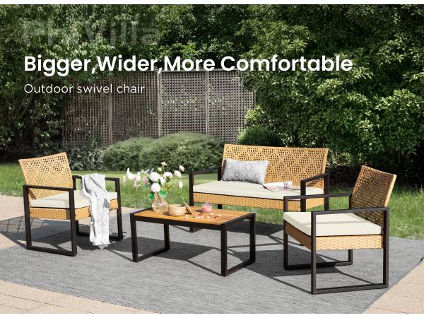 Phivilla Home Outdoor Wicker Patio Furniture Set, Cushioned Rattan Loveseat & Chairs, with Acacia Wood Coffee Table, Elegant All-Weather Seating for Garden, Backyard & Poolside, SpringGlowUp