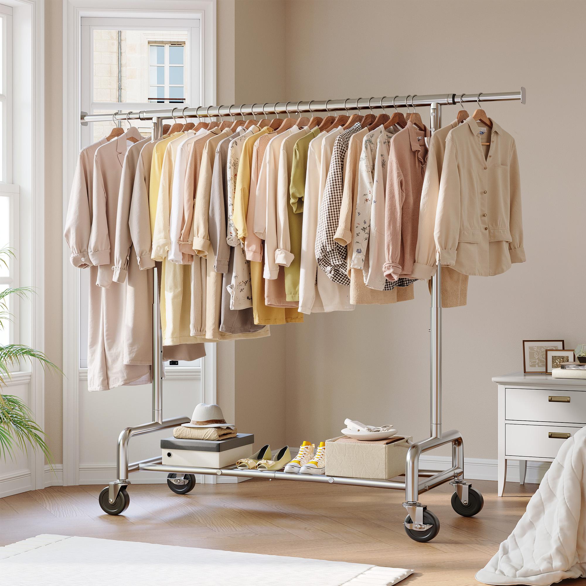 【Summervibes】Raybee Heavy Duty Clothes Rack 75" Extra Wide, 450 LBS Clothing Rack with 4 Hooks, Lockable Wheels, Metal Garment Rack for Bedroom, Laundry Room, Commercial