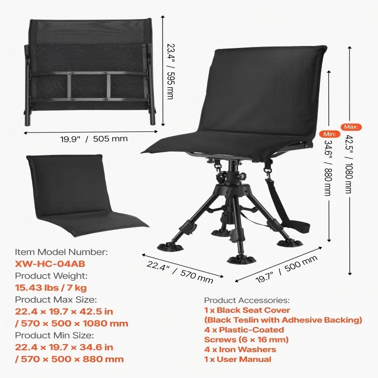 Silla de caza, giratoria silenciosa de 360°, plegable y portátil, con estructura de acero resistente, reposabrazos, patas antideslizantes, altura ajustable, capacidad de 159 kg (350 lbs) para pesca y acampada.