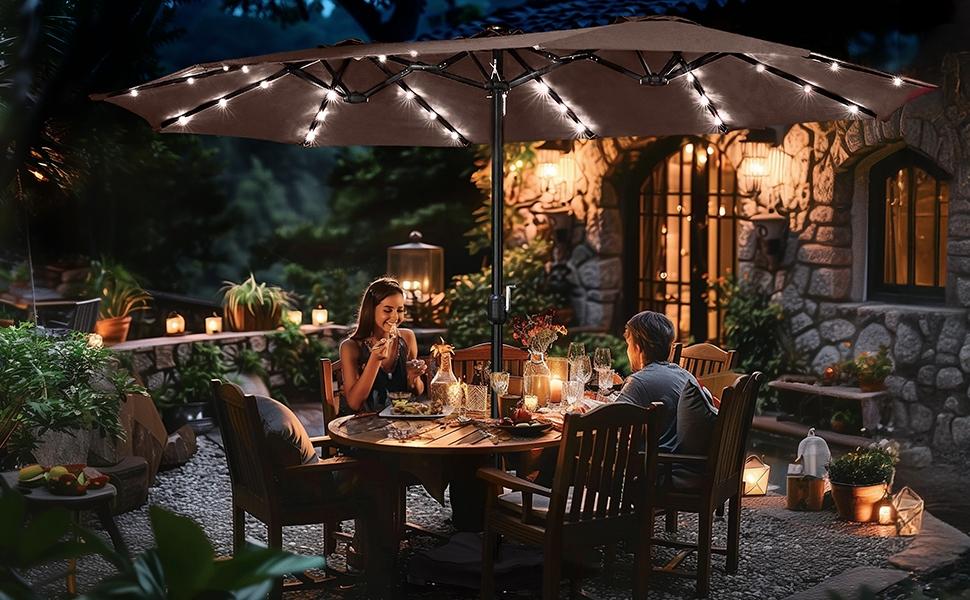 【Mother's Day Gift】Yaheetech 13/15ft Large Patio Umbrella, Outdoor Double-Sided Rectangle Umbrella with 36 LED Lights & Crank for Patio Garden Pool Lawn Backyard, Base Included