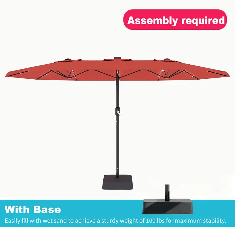 Sombrilla rectangular extragrande para patio de 15 pies (4,5 m), parasol LED para exteriores con protección UV y diseño resistente al viento; incluye manivela y base lastrada; toldo de fácil montaje para jardín, terraza o piscina.